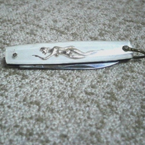 Folding Knife with Enameled Handle and Nude Figure, Stainless Steel Blade, 1960s
