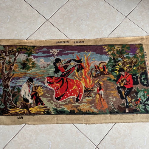 Broderies Royales embroidered textile painting used, handmade gobelin 120x60cm