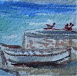 Πίνακας ζωγραφικής αυθεντικός θαλασσινό τοπίο σπίτια βάρκες Τέρψη Κυριακού.