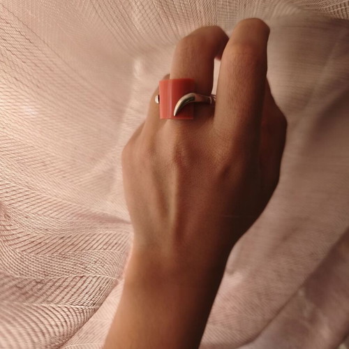 925 Silver Ring with Modern Orange Coral Stone