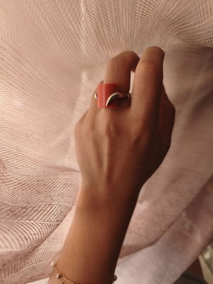 925 Silver Ring with Modern Orange Coral Stone