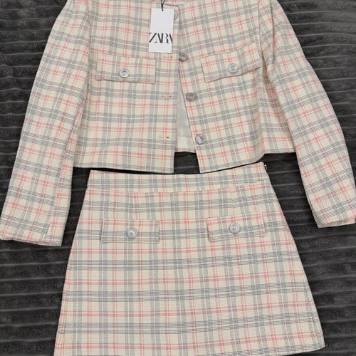Zara checked jacket and shorts set new beige