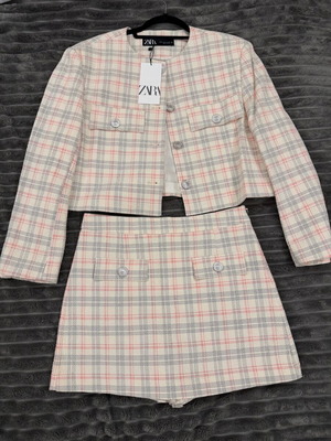 Zara checked jacket and shorts set new beige