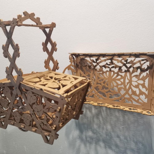 Wooden tray and basket set used, vintage with pierced decoration