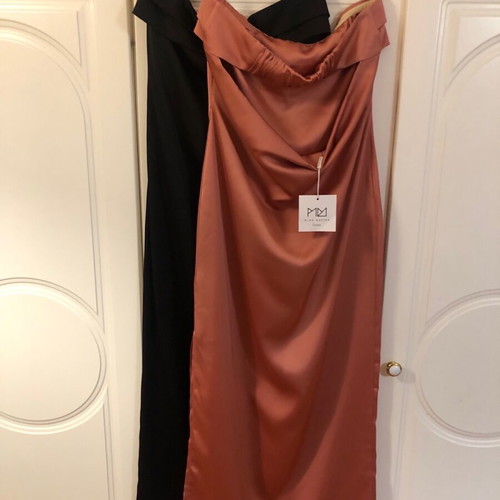 Mind Matter satin strapless dress new, summer maxi in black and peach