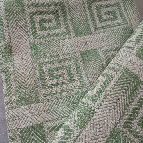 Set of 2 vintage woven blankets with meander pattern, sage green and beige
