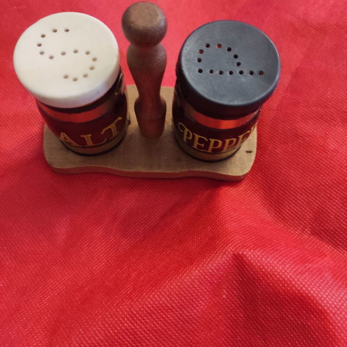 Salt and pepper holder used, wooden with glass containers