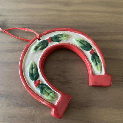 Vintage ceramic lucky horseshoe red with ribbon
