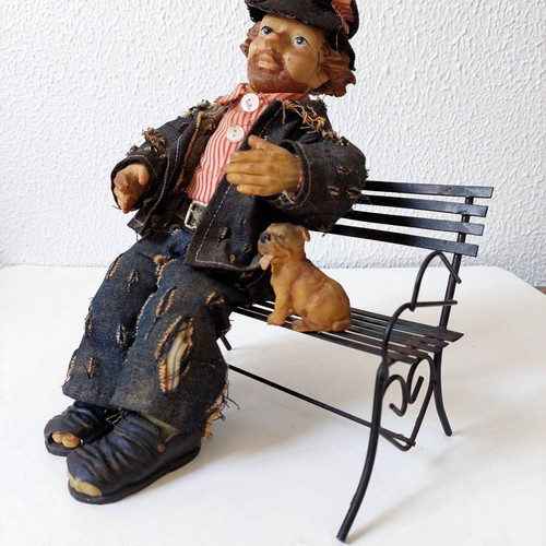Vintage collectible figure Homeless on bench with dog used