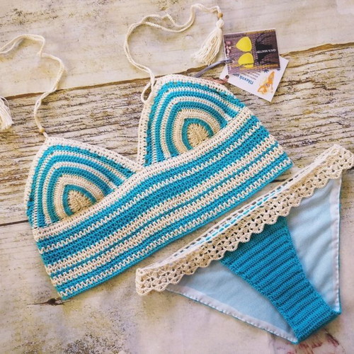Handmade knitted swimsuit new, size M/L, beige and turquoise