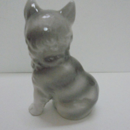 Vintage porcelain cat figurine, white-gray with green eyes