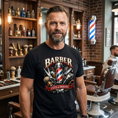 Barber T-Shirt black oversized with vintage cuts & shaves graphic