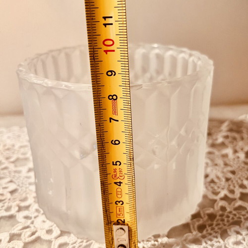 Frosted glass jar with diamond pattern and scalloped rim