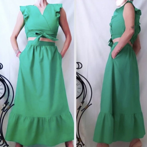 Summer set linen, crop top and A-line skirt, new, green, size large