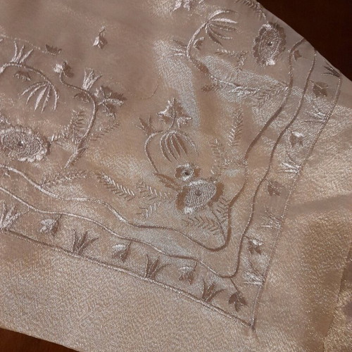 Silk tablecloth new embroidered with silver thread ivory 1×1