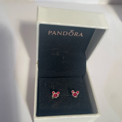 Pandora Mickey Mouse earrings silver with red crystals like new