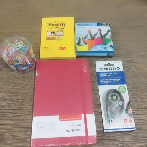 Stationery set new, includes notebook, highlighters, correction tape