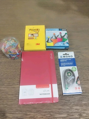 Stationery set new, includes notebook, highlighters, correction tape