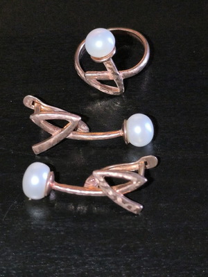 925 silver ring and earrings set with pink gold plating and white pearls