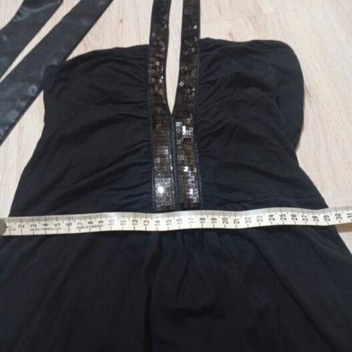 Women's blouse elastic fabric backless with satin neck tie like new, black, size M