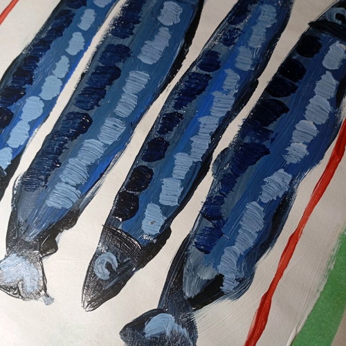 Sardines and green stripes acrylic on paper new 27.5x35.5 cm
