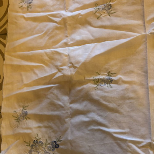 Embroidery set like new with pillowcase, square, and cutwork doily