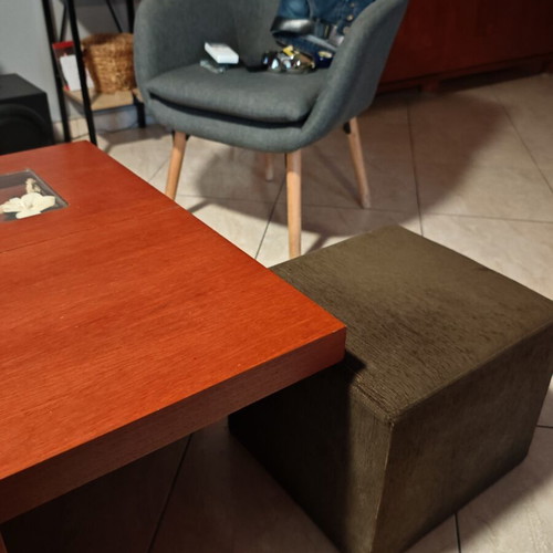 Coffee table used, cherry color MDF with drawers and stools
