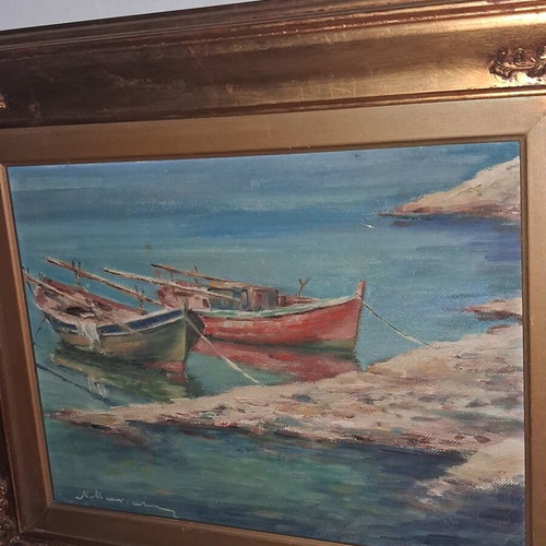 Nikos Maniatis Seascape with Traditional Boats Oil Painting on Hardboard