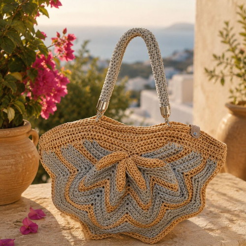 Crochet shoulder bag Aegean Bloom, camel and grey