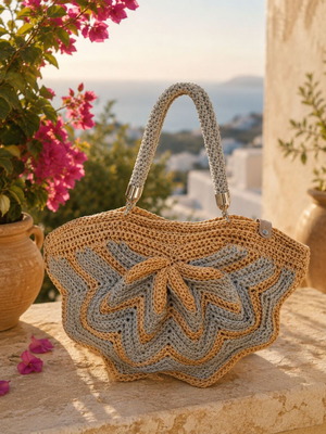 Crochet shoulder bag Aegean Bloom, camel and grey