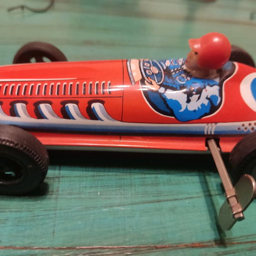 Tin formula car used, wind-up, functional, 17 cm