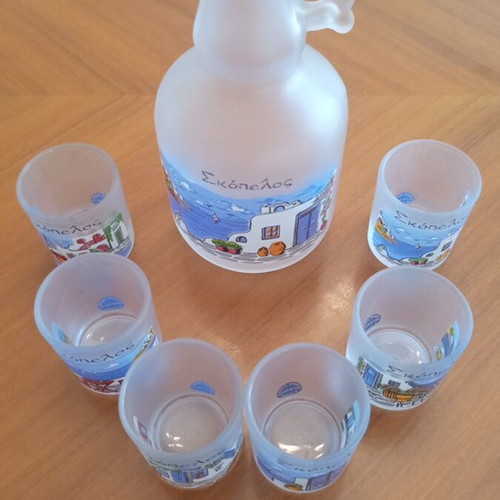 Glass carafe and 6 shot glasses set "Skopelos" souvenir