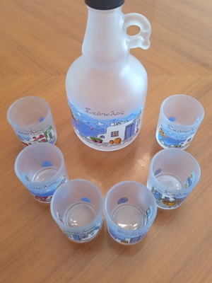 Glass carafe and 6 shot glasses set "Skopelos" souvenir