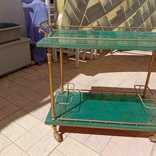 Vintage bar cart with brass details, green