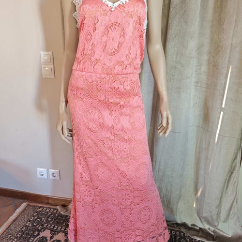 Vintage lace dress coral pink S/M