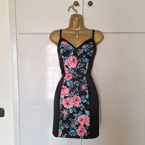 Floral dress black new, size 36/38, satin with lace trim