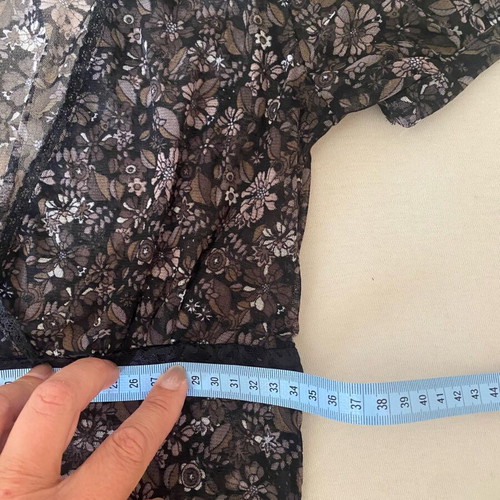 Mexx vintage sheer black floral mesh top with lace trim size S like new