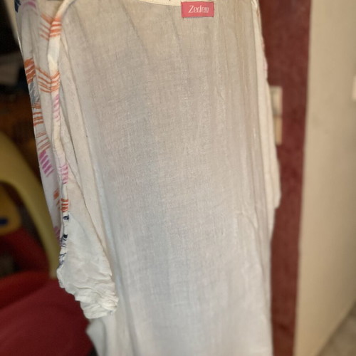 Printed summer blouse tunic used, white blue and orange tones