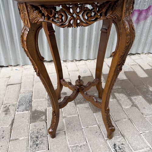 Wood Carved Side Table with Marble Like New