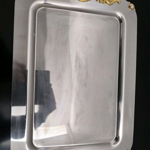 Inox serving tray from Iran like new with bronze handles and feet