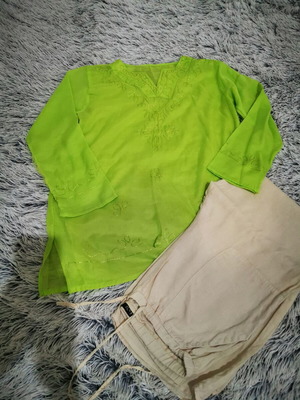 Beige women's palazzo pants with green boho top set like new