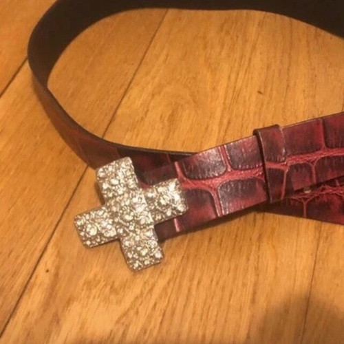 Leather women's belt red vintage with crystals like new