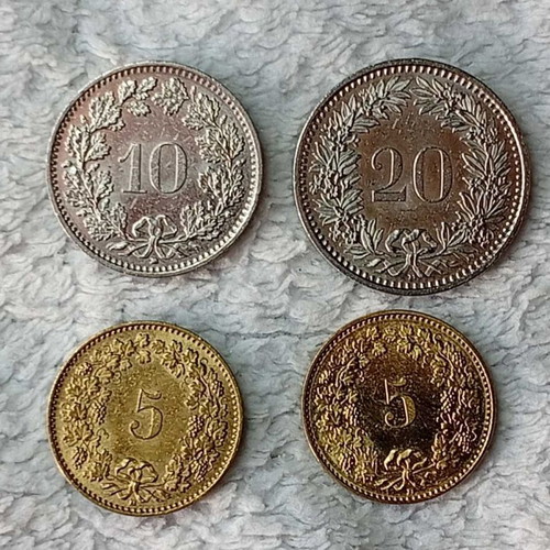 Swiss Coins used, set of 4, 5-20 Rappen 2004-2015