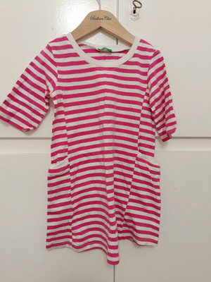 Benetton dress 3-4 years striped pink-white like new with pockets