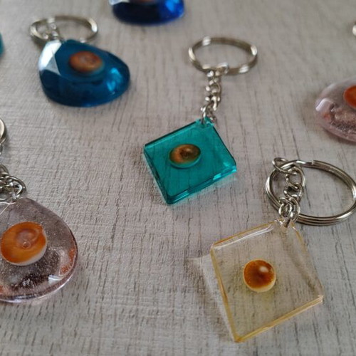 Handmade keychain with natural sea eye shell in resin, colorful, new