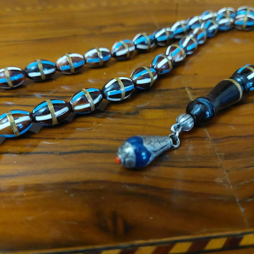 Old Egyptian Worry Beads from Kouk Wood with 33 Beads and Inlays, New