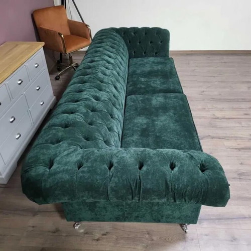 Large green Chesterfield fabric sofa new, four-seater