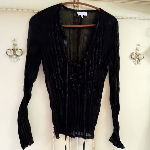 Black sheer pleated blouse like new with satin embroidery