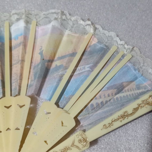 Vintage commemorative fan Rhodes with gold details and lace used