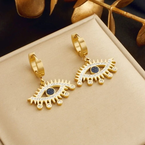 Stainless Steel Eye Earrings with Blue Iris and Zirconia, Boho Chic Glam